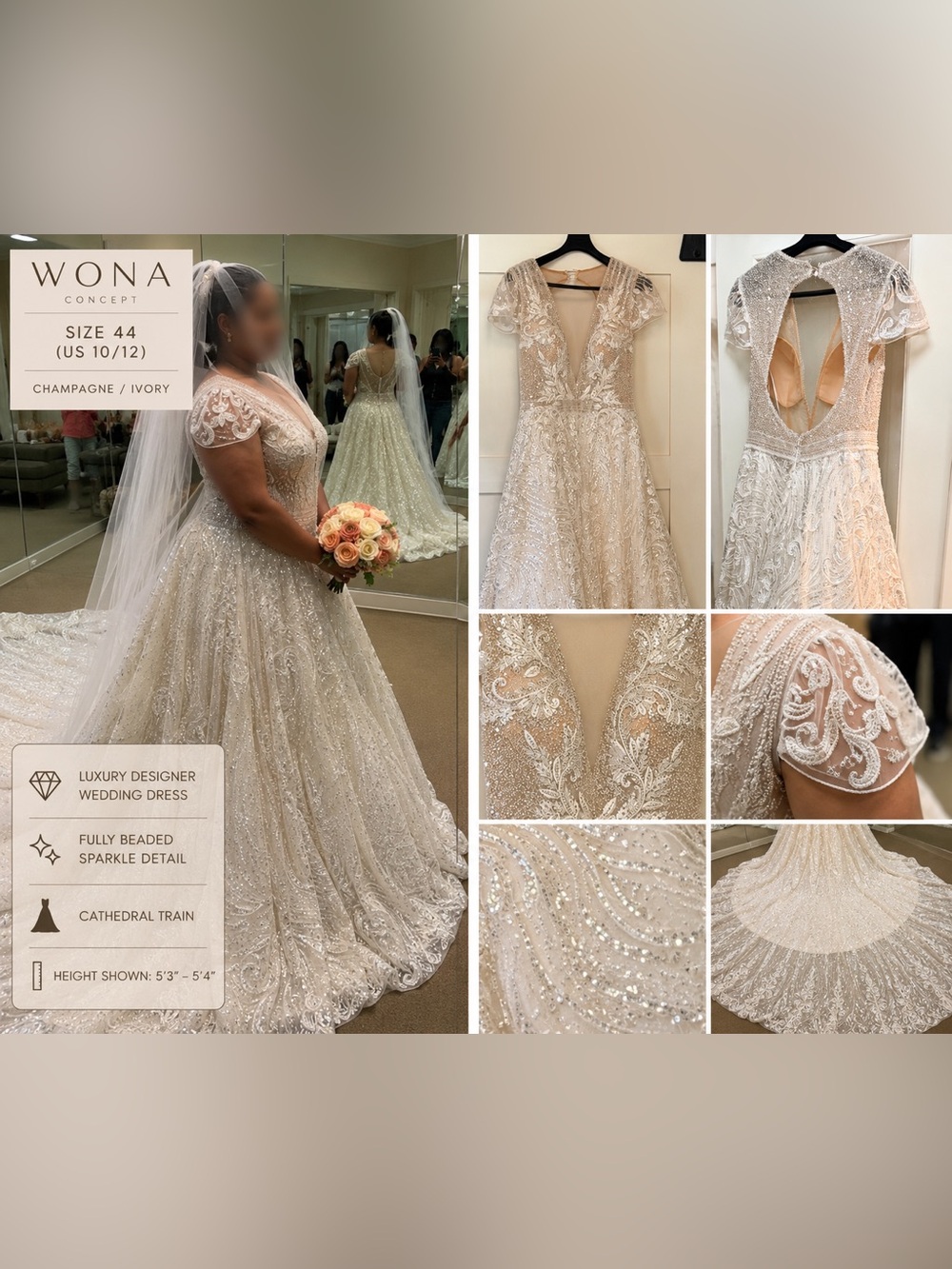 WONA Concept Champagne/Ivory Beaded A-Line Bridal Gown